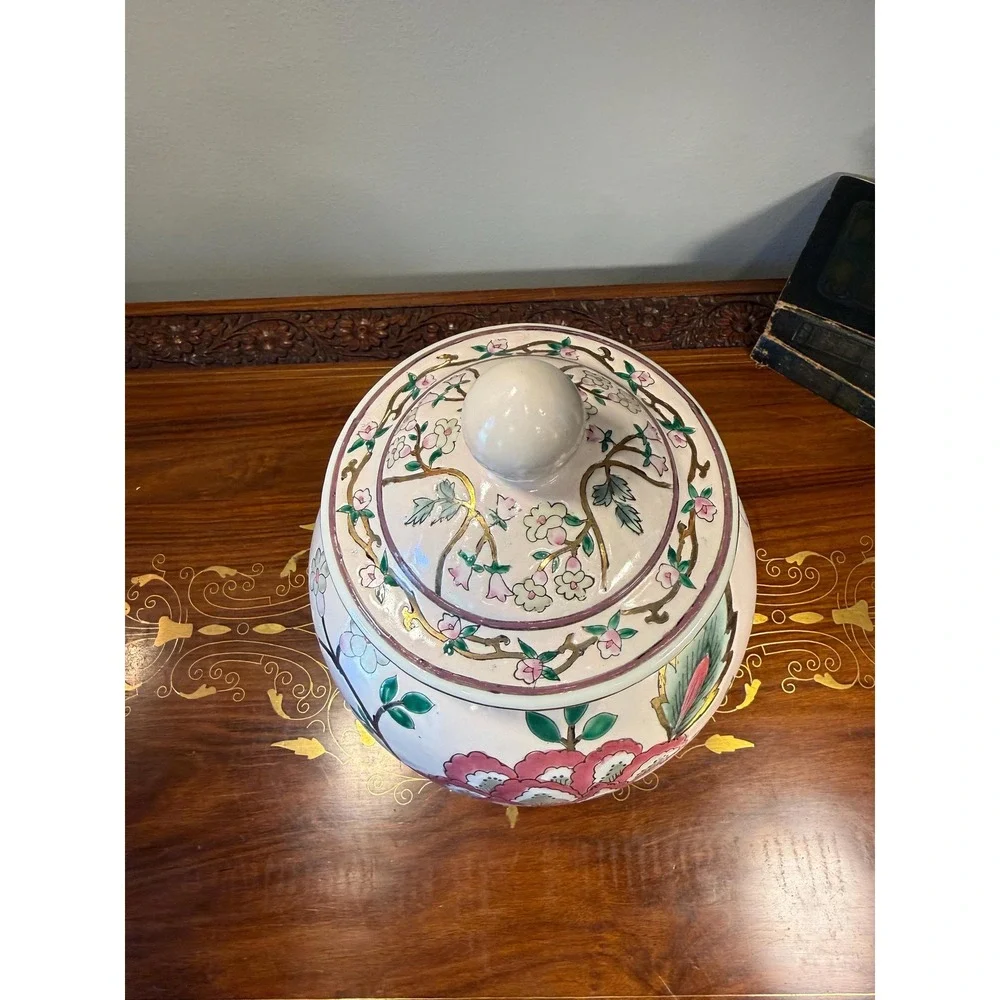 Vintage Floral Ginger Jar‎ • Hand Painted Porcelain Lidded Vase Decor 10.5